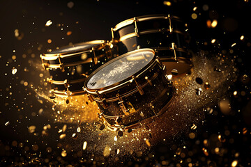 Wall Mural - three golden snare drums surrounded by a shower of sparkling gold particles and confetti, creating a festive and energetic atmosphere. The background is dark, enhancing the brilliance of the gold.