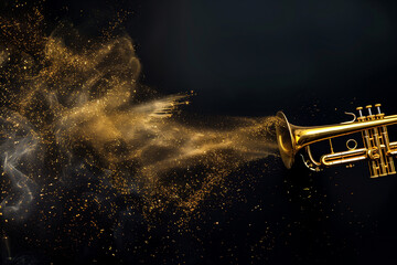 A close-up of a golden trumpet releasing a cloud of shimmering gold dust against a dark background, creating a dynamic and artistic effect.