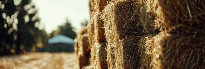 Poster - Sunlight illuminates stacks of harvested hay surrounded by colorful autumn leaves, highlighting the beauty of the season. Generative AI