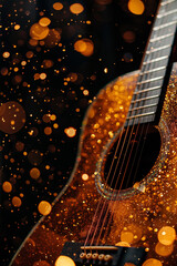 Wall Mural - acoustic guitar with a sparkling, glittery finish, set against a dark background filled with bokeh lights in warm tones. The guitar's strings and body are highlighted by the shimmering effect