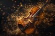 © Vilma - A beautifully crafted violin surrounded by a swirl of golden sparkles and dust, creating a magical and artistic atmosphere. The background is dark, enhancing the vibrant colors of the violin
