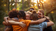 © Akharadat - Support, hugging and people in the park for eco-friendly, sustainable, or community service projects, teamwork, or love