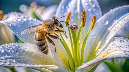 Bee Perched on White Lily with Morning Dew