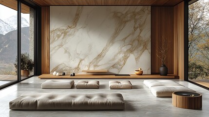 Poster - Serene wall scene where natural wooden textures effortlessly blend with soft marble patterns creating a peaceful backdrop that enhances the beauty of minimalist design