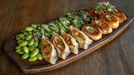 餃子、枝豆、キュウリを盛り合わせた料理芸術のための日本風前菜盛り合わせ