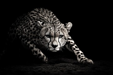 a close-up photo of a cheetah's face in black and white
