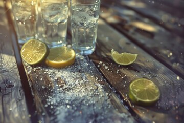 Two glasses of water with lime slices on a wooden table