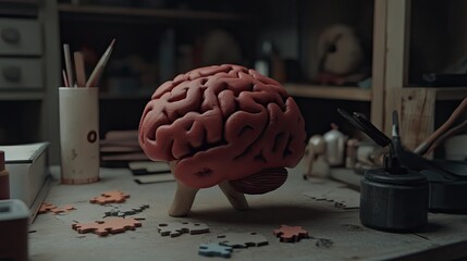 Poster - The human brain depicted as a jigsaw puzzle, symbolizing the pieces needed to address mental health awareness on World Mental Health Day.