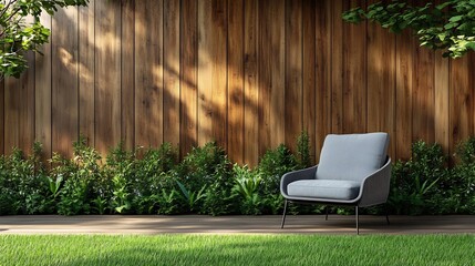 Fototapete - Serene wooden terrace featuring a lush green lawn accented by an empty wood plank wall and a sleek modern gray chair creating a tranquil space for relaxation and contemplation