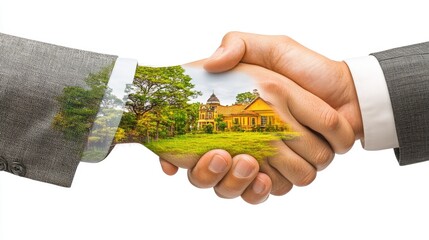 Poster - Two hands shaking in a professional business deal, with a double exposure overlay of corporate visuals on a white background.