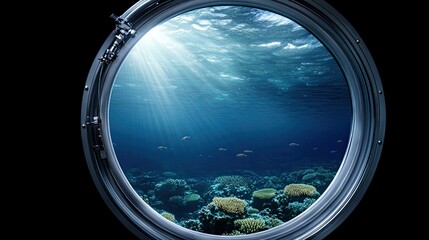 Discover a breathtaking underwater view of coral reefs and tropical fish visible through a round window, basking in soft sunlight