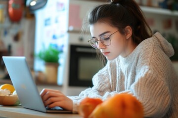 A woman sits at a table with a laptop, focused on her work