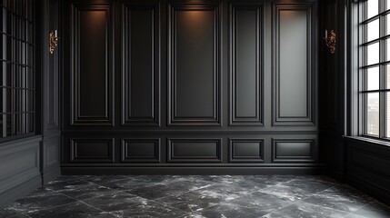 Aufkleber - Sleek black panelled wall background with wide horizontal panels and a matte finish creating a dramatic and modern backdrop for highcontrast contemporary interiors