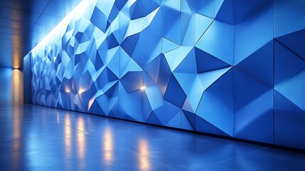 Poster - Sleek blue tech wall with raised geometric shapes and soft light reflections evoking a hightech atmosphere suitable for modern spaces and futuristic lounges