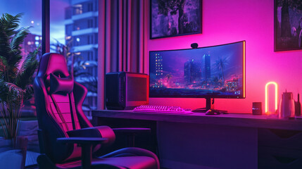 Poster - A computer gaming setup with a neon green monitor and a black chair