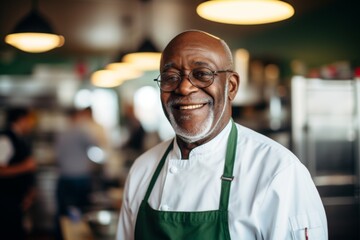 Wall Mural - Smiling portrait of a senior chef working in kitchen