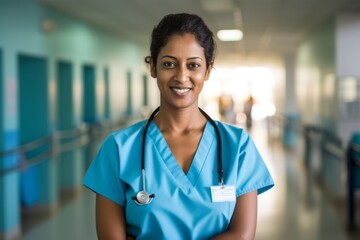 Wall Mural - Smiling portrait of a middle aged Indian nurse in hospital