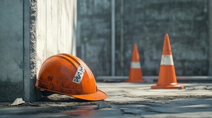 An orange hard hat rests near traffic cones on a construction site, indicating safety measures.