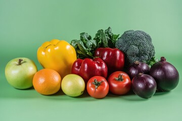 A selection of fresh fruits and vegetables arranged on a green surface