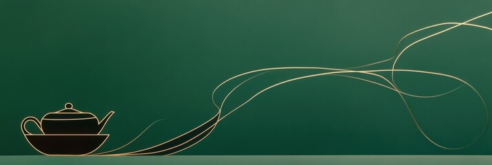 Poster - A minimalist depiction displays a teapot and cup created using simple lines, elegantly set against a soothing green background. Generative AI