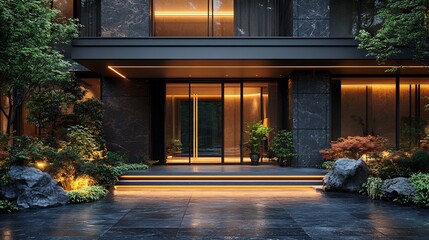 Poster - Sleek front door with a custom design and large glass panels illuminated by outdoor lights presenting a striking and elegant entrance that enhances the apartment's curb appeal