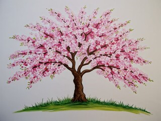 Cherry blossom tree hand drawn painted painting illustration on plain white background