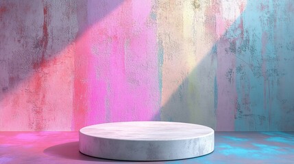 Vibrant neon lights cast colorful shadows on a textured concrete wall, illuminating a minimalist white circular podium in a dreamy, futuristic setting.