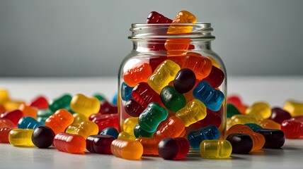 A jar filled with colorful gummy vitamins, scattered gummies around, symbolizing health and nutrition in a fun, tasty form.