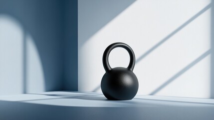 Poster - A sleek black kettlebell stands on a light blue surface, bathed in natural sunlight with gentle shadows creating an inviting atmosphere. Generative AI