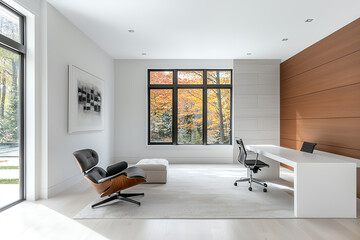 Poster - A modern minimalist home office featuring sleek white design elements and abundant natural light for enhanced productivity