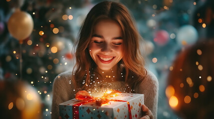 A young beautiful woman opening a birthday gift