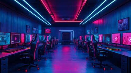 Poster - A brightly lit room with neon lights and a large number of computer monitors