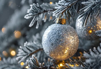 Frosted silver bauble with gold accents on snowy pine tree, festive holiday decoration