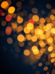 Blurry bokeh lights, warm golden glow, defocused circular orbs, abstract festive background, soft focus photography, dark blue backdrop, orange and red accents, dreamy nighttime atmosphere, holiday mo