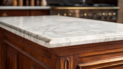 Wall Mural - Elegant marble countertop adorns a rich wooden kitchen island, showcasing the luxurious contrast between smooth stone and warm, grained wood in a modern home interior.