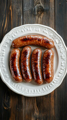 Canvas Print - Five juicy sausages are arranged on a plate, creating a visual feast for meat lovers