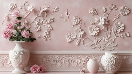 Poster - Soft blush pink panelled wall background featuring delicate floral engravings offering a romantic and feminine touch perfect for bedrooms or cozy reading nooks