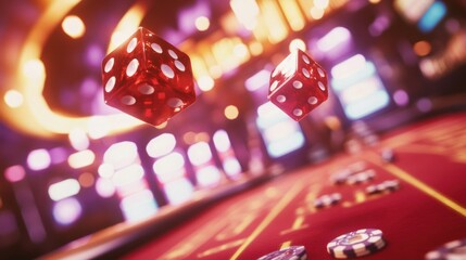 Fototapete - The red dice are airborne, flying over a craps table adorned with scattered poker chips in a lively casino atmosphere. Generative AI