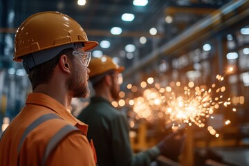 Two industrial workers in helmets and protective gear observe sparking machinery in a bustling factory, highlighting teamwork and safety in manufacturing environments.