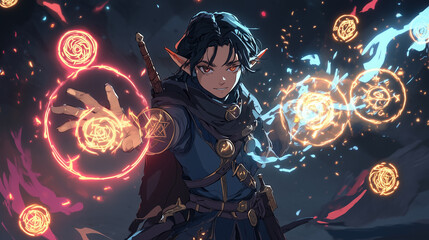 An elf character casting a glowing spell, with magic circles and runes floating around their hands, Anime style