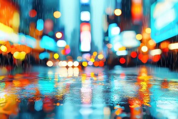 Poster - Vibrant cityscape at night featuring colorful bokeh reflections on wet pavement during rain, evoking a lively urban atmosphere.