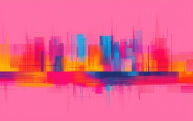 Sticker - Vibrant abstract city skyline with bold colors, featuring a dynamic blend of blue, orange, pink, and yellow hues in a contemporary artistic style.