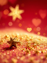 Golden glitter, star-shaped decorations, warm red background, bokeh lights, festive Christmas atmosphere, macro photography, soft focus, shimmering particles, holiday magic, celestial theme, sparkly t