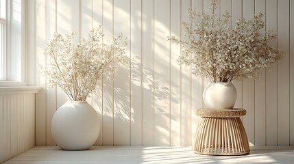 Poster - Soft cream panelled wall background with thin vertical panels and subtle detailing providing a delicate and airy feel perfect for a cozy cottage or vintagestyle interior