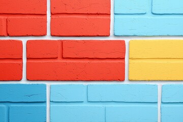 Poster - Vibrant textured wall featuring colorful bricks in red, blue, and yellow, ideal for backgrounds in design, art, and creative projects.
