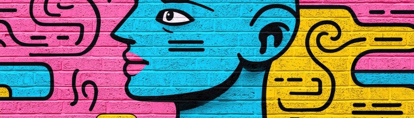 Poster - A vibrant mural featuring a colorful profile of a person against a bright brick background, showcasing artistic creativity and urban culture.