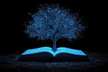 A mesmerizing image of a glowing tree emerging from an open book, symbolizing creativity, knowledge, and the magic of storytelling.