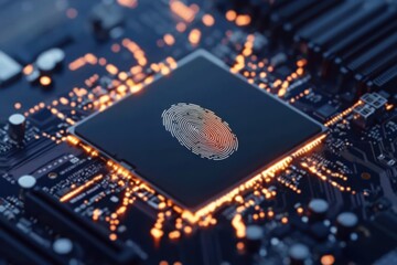 Poster - Close-up of a microchip featuring a fingerprint design, symbolizing security and technology integration in digital systems.