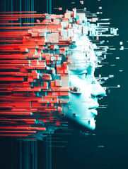 Poster - A modern depiction of a face made up of digital cubes and blocks, showcasing a fusion of technology and art.