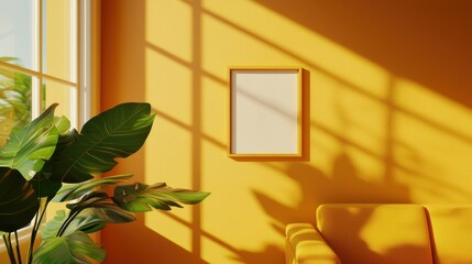 Wall Mural - A vibrant yellow living room showcasing sunlight patterns, a blank frame, and lush green plants, creating a warm and inviting atmosphere.